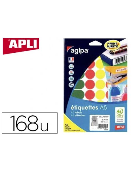 Pastille adhésive apli agipa diamètre 30mm coloris assortis pochette 168 unités.