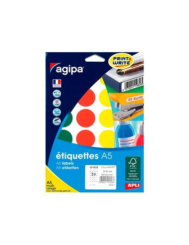 Pastille adhésive apli agipa diamètre 30mm coloris assortis pochette 168 unités.