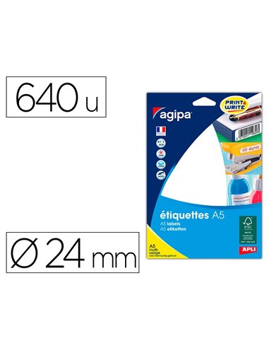 Pastille adhésive apli agipa diamètre 24mm permanente coloris blanc étui a5 640 unités.