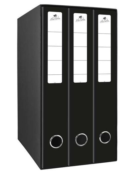 Module Mariola Box de 3 classeurs avec 2 anneaux de 40 mm - Dimensions 35 x 26 x 17 cm - Carton doublé - Couleur noire