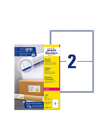 Étiquette adhésive avery laser opaque très blanche 199.6x143.5mm boîte 200 unités.