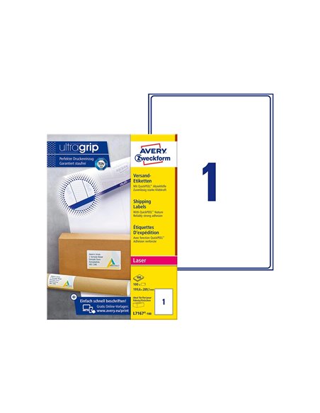 Étiquette adhésive avery laser opaque très blanche 199.6x289.1mm boîte 100 unités.
