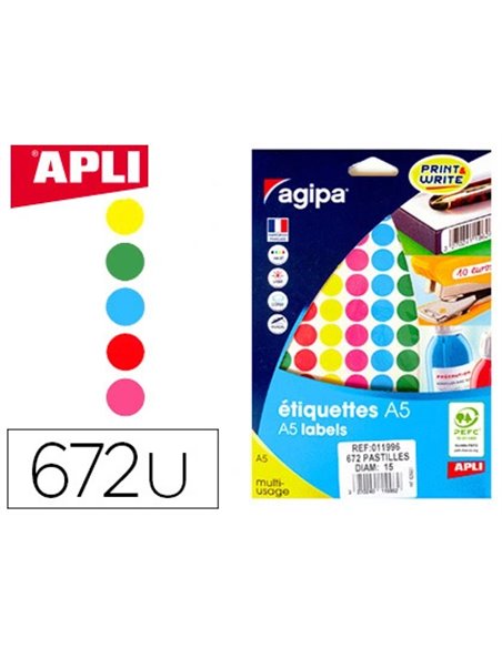 Pastille adhésive apli agipa diamètre 15mm coloris assortis pochette 672 unités.
