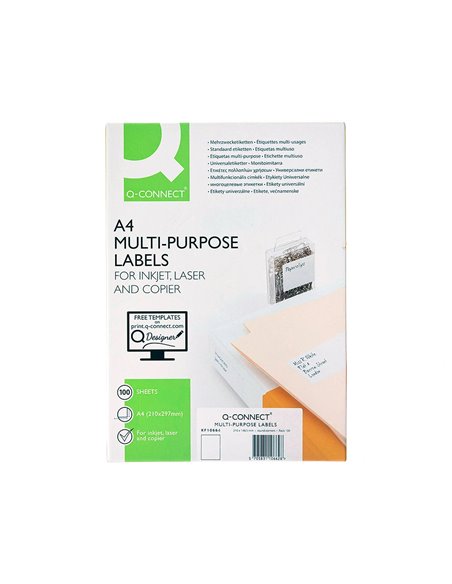 Étiquette adhésive q-connect 210x297mm coins arrondis imprimante jet d'encre laser copieur boîte 100 feuilles 100 unités.