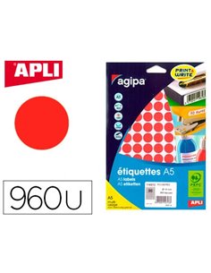 Pastille adhésive apli agipa diamètre 15mm coloris rouge étui a5 pochette 960 unités.