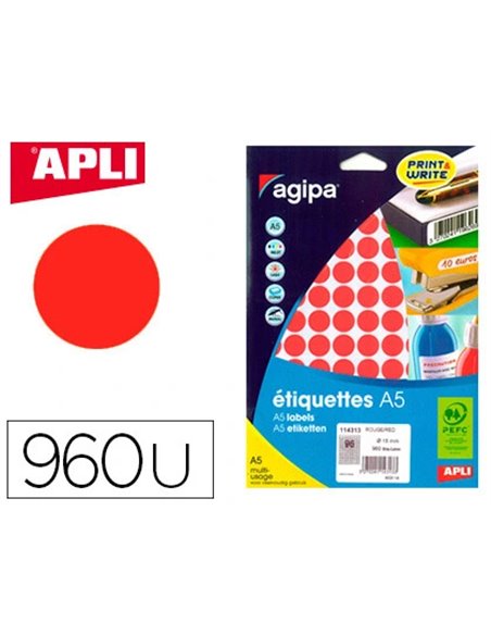 Pastille adhésive apli agipa diamètre 15mm coloris rouge étui a5 pochette 960 unités.