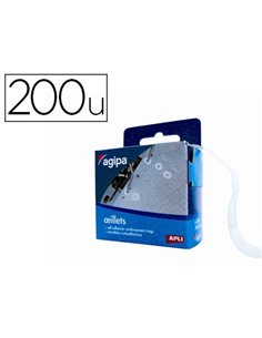 Oeillet adhésif apli agipa format 13mm renforcement documents perforés boîte distributrice 200 unités.