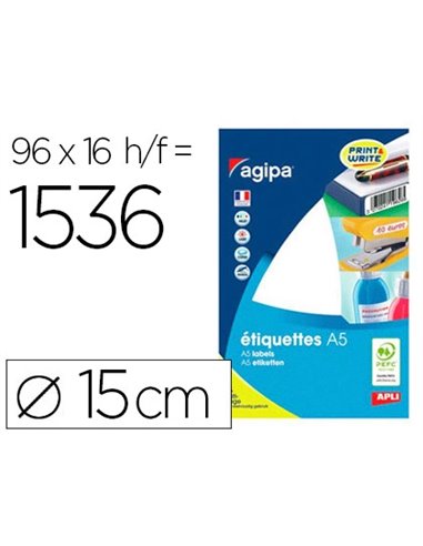 Pastille adhésive apli agipa diamètre 15mm coloris blanc pochette 1536 unités.