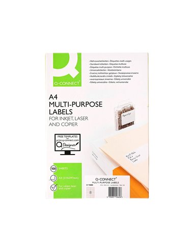 Étiquette adhésive q-connect 105x74mm coins droits imprimante jet d'encre laser copieur 8 étiquettes/feuille 800 unités.