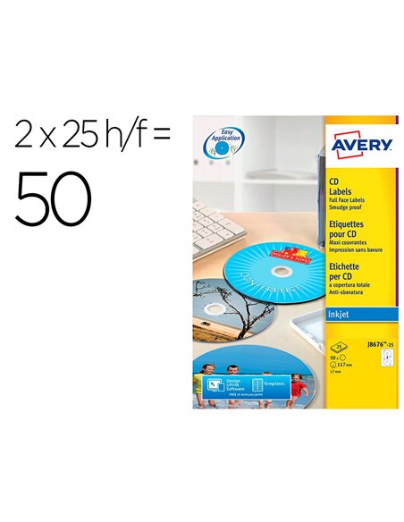 Étiquette adhésive cd avery diamètre 117mm jet encre maxi couvrante pochette 50 unités.
