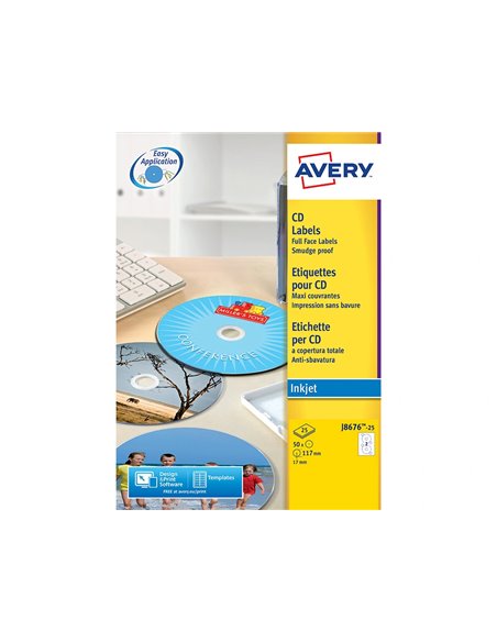 Étiquette adhésive cd avery diamètre 117mm jet encre maxi couvrante pochette 50 unités.