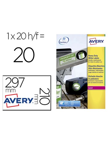 Étiquette adhésive avery ultra-résistante impression laser 210x297mm pochette 20 unités.