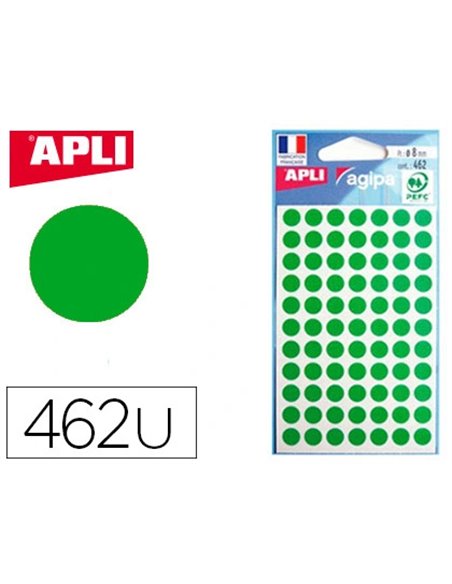 Pastille adhésive apli agipa diamètre 8 mm coloris vert pochette 462 unités.