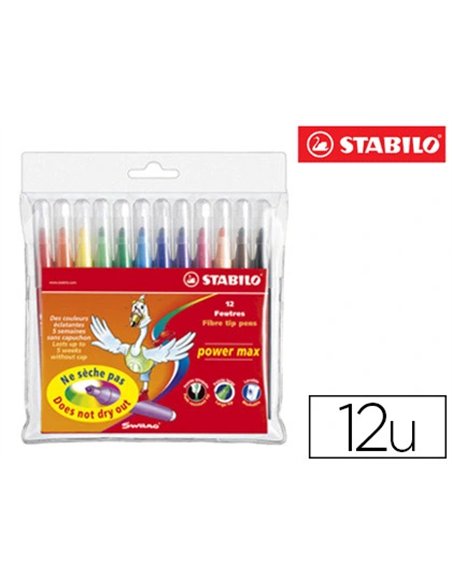 Feutre coloriage stabilo power max encre lavable corps large pointe large bloquée pochette 12 unités.