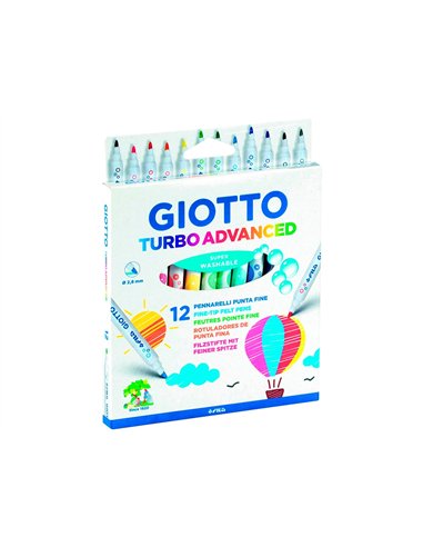 Feutre coloriage giotto turbo advanced capuchon ventilé pointe fine encre base eau colo ris assortis étui 12 unités.