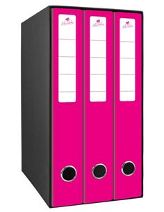 Module Mariola Box de 3 classeurs avec 2 anneaux de 40 mm - Dimensions 35 x 26 x 17 cm - Carton doublé - Couleur fuchsia