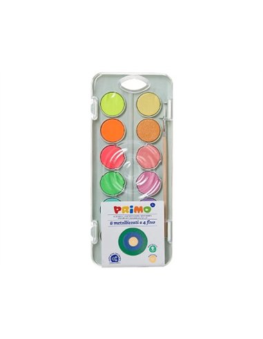 Aquarelle primo pinceau inclus 8 coloris metallises + 4 coloris fluo etui plastique.