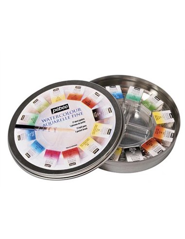 Aquarelle pébéo 1 pinceau aquarelle boîte en métal ronde 12 demi-godets.