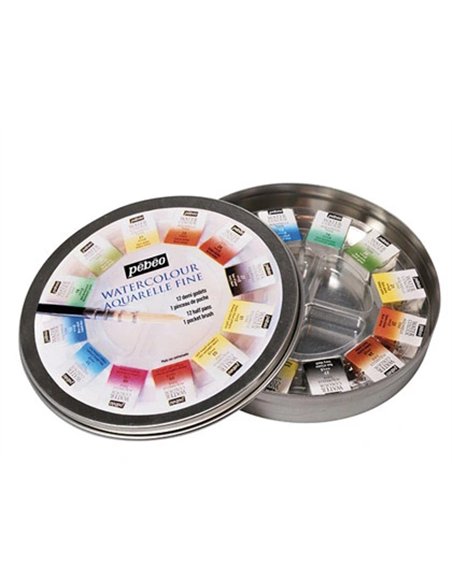 Aquarelle pébéo 1 pinceau aquarelle boîte en métal ronde 12 demi-godets.