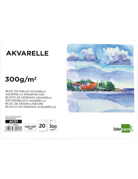 Bloc dessin liderpapel aquarelle encollé papier grain moyen lisse 300g/m2 format a3 420x297mm 20f.