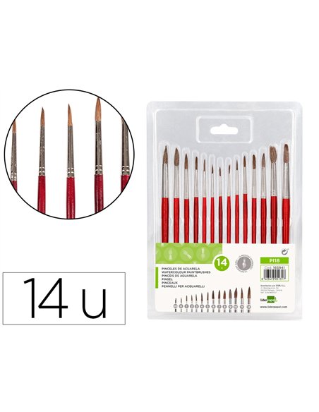 Pinceau liderpapel bois virole chromee aquarelle modeles assortis blister de 14 un.