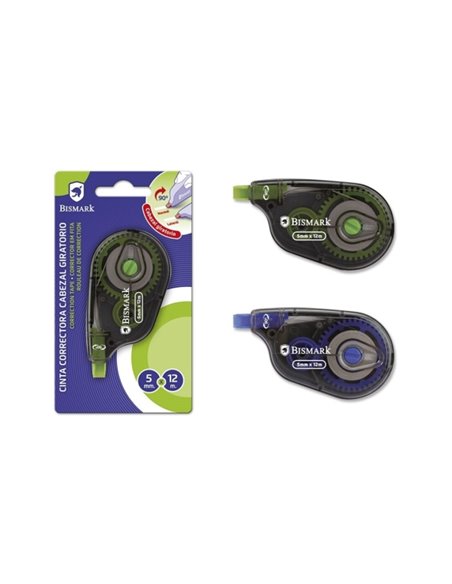 Ruban correcteur Bismark Twister 5 mm x 12 m - Tête rotative - Adhérence parfaite au papier - Emballage individuel sous blister 