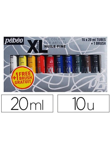Huile fine pébéo xl 10 tubes assortis 20ml + 1 brosse soie beau blanc offerte.