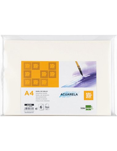Papier dessin liderpapel aquarelle grain moyen 300g/m2 format a4 210x297mm minipack 6f.