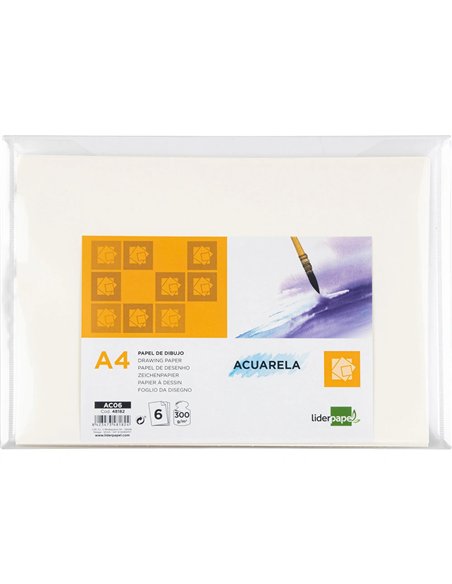 Papier dessin liderpapel aquarelle grain moyen 300g/m2 format a4 210x297mm minipack 6f.