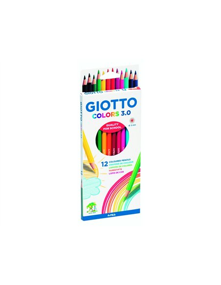 Etui crayons colors 3.0 giotto forme hexagonale bois 18cm mine de 3mm 12 unites coloris assortis.