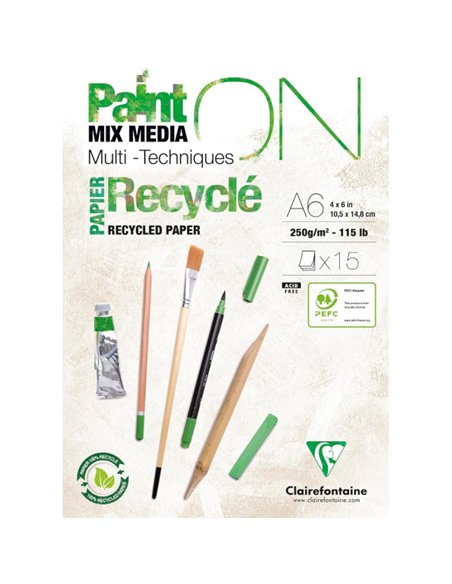Bloc dessin clairefontaine paint on recycleáencolle a6 15 feuilles 250g coloris blanc.
