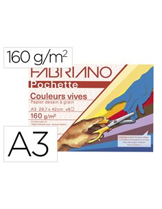 Pochette fabriano papier a dessin a grain a3 297x420mm 160g couleurs vives 8 feuilles.