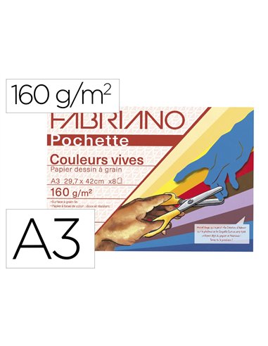 Pochette fabriano papier a dessin a grain a3 297x420mm 160g couleurs vives 8 feuilles.