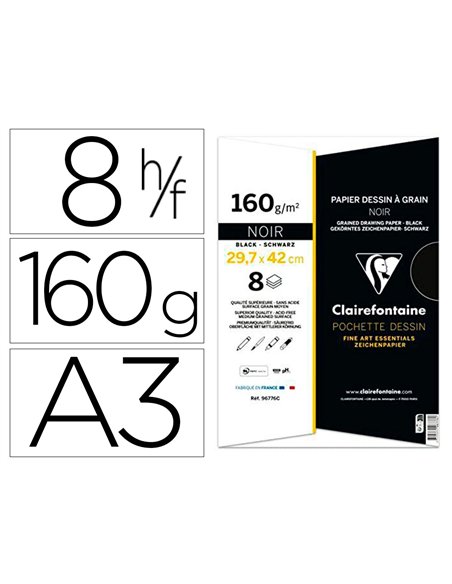 Papier dessin grain clairefontaine a3 noir 160gr 8f.