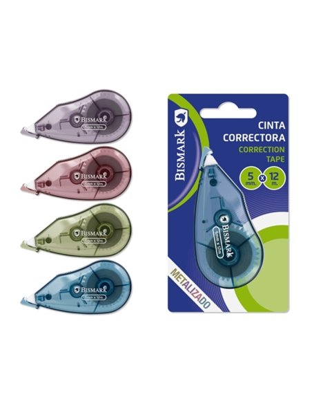 Ruban correcteur métallique Bismark 5 mm x 12 m - Adhérence parfaite au papier - Blister - Couleurs à effet métallisé assorties