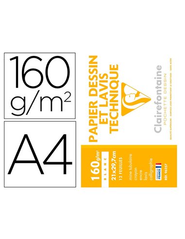 Pochette dessin et lavis clairefontaine papier 160g surface lisse format a4 21 x 29,7 cm 12 feuilles.