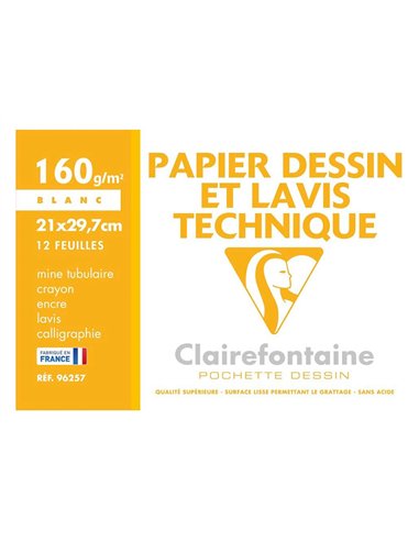 Pochette dessin et lavis clairefontaine papier 160g surface lisse format a4 21 x 29,7 cm 12 feuilles.