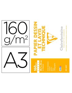 Pochette dessin et lavis clairefontaine papier 160g surface lisse format . Format a3 29,7 x 42cm 10 feuilles.