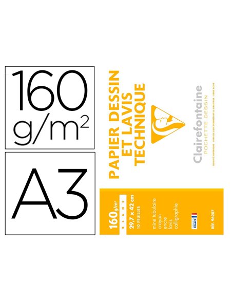 Pochette dessin et lavis clairefontaine papier 160g surface lisse format . Format a3 29,7 x 42cm 10 feuilles.