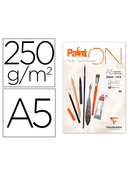 Bloc de dessin encolle clairefontaine paint'on. Papier multi technique 250g extra blanc. Format a5 14,8 x.