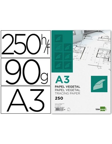 Papier végétal liderpapel calque haute transparence surface régulière satinée 90g/m2 a3 297x420mm.