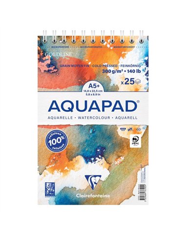 Bloc clairefontaine aquapad reliure integrale a5+ 25 feuilles 300g grain moyen coloris blanc.