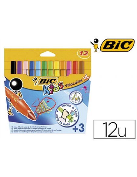 Feutre coloriage bic kids visacolor xl encre lavable pointe extra-large bloquée couleurs très vives étui carton 12u.
