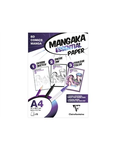 Pochette clairefontaine mangaka essential paper a4 15 feuilles assorti 55g/100g/200g + brochure.