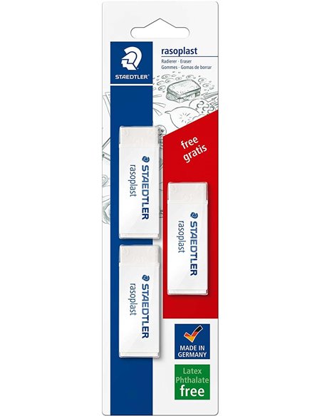 Lot de 3 gommes Staedtler Rasoplast 526 - Effacement de haute qualité - Déchets minimes - Blanc