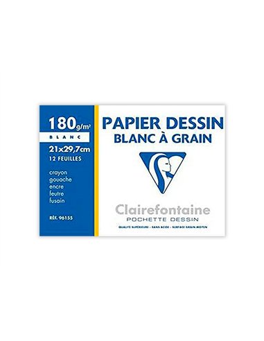 Papier dessin clairefontaine grain léger prononcé sans acide blancheur naturelle 180g a4 pochette 12f.