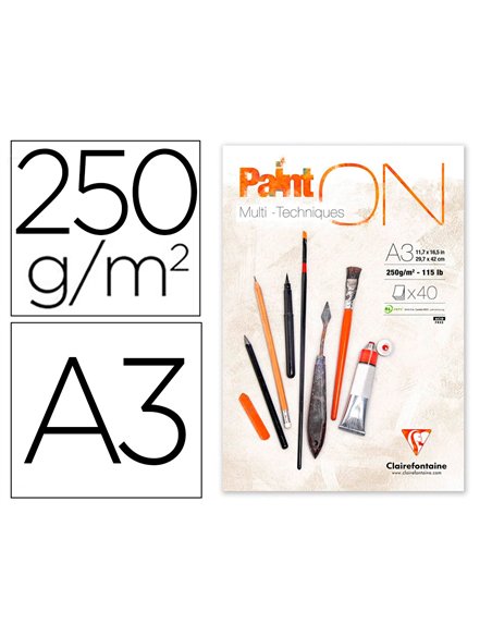 Bloc de dessin encolle clairefontaine paint'on. Papier multi technique 250g extra blanc. Format a 3 29,7.
