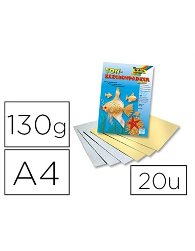 Papier à dessin teinté folia din a4 130g/m2 coloris or et argent bloc de 10 unités.