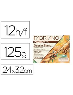 Pochette fabriano papier a dessin a grain 240x320mm 125g coloris blanc 12 feuilles.