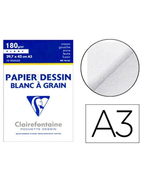 Papier dessin clairefontaine grain léger prononcé sans acide blancheur naturelle 180g a3 pochette 10f.